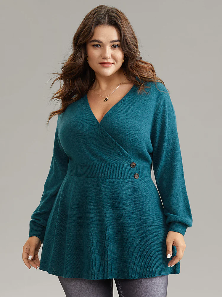 Plain V Neck Button Detail Knit Pullover