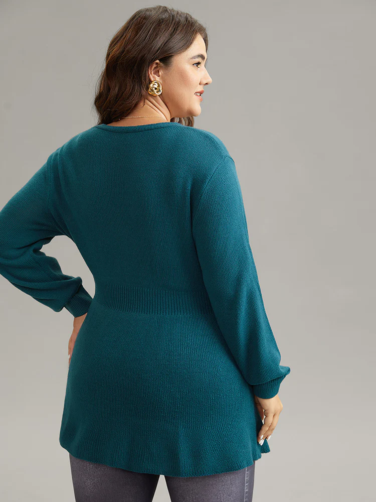 Plain V Neck Button Detail Knit Pullover - Image 2