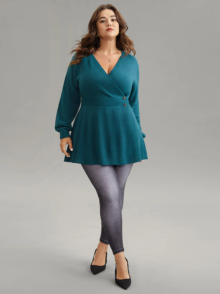 Plain V Neck Button Detail Knit Pullover - Image 3