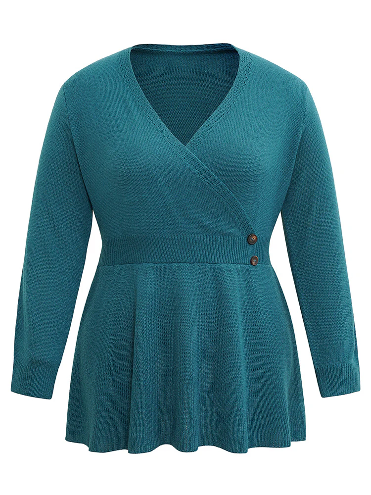Plain V Neck Button Detail Knit Pullover - Image 5