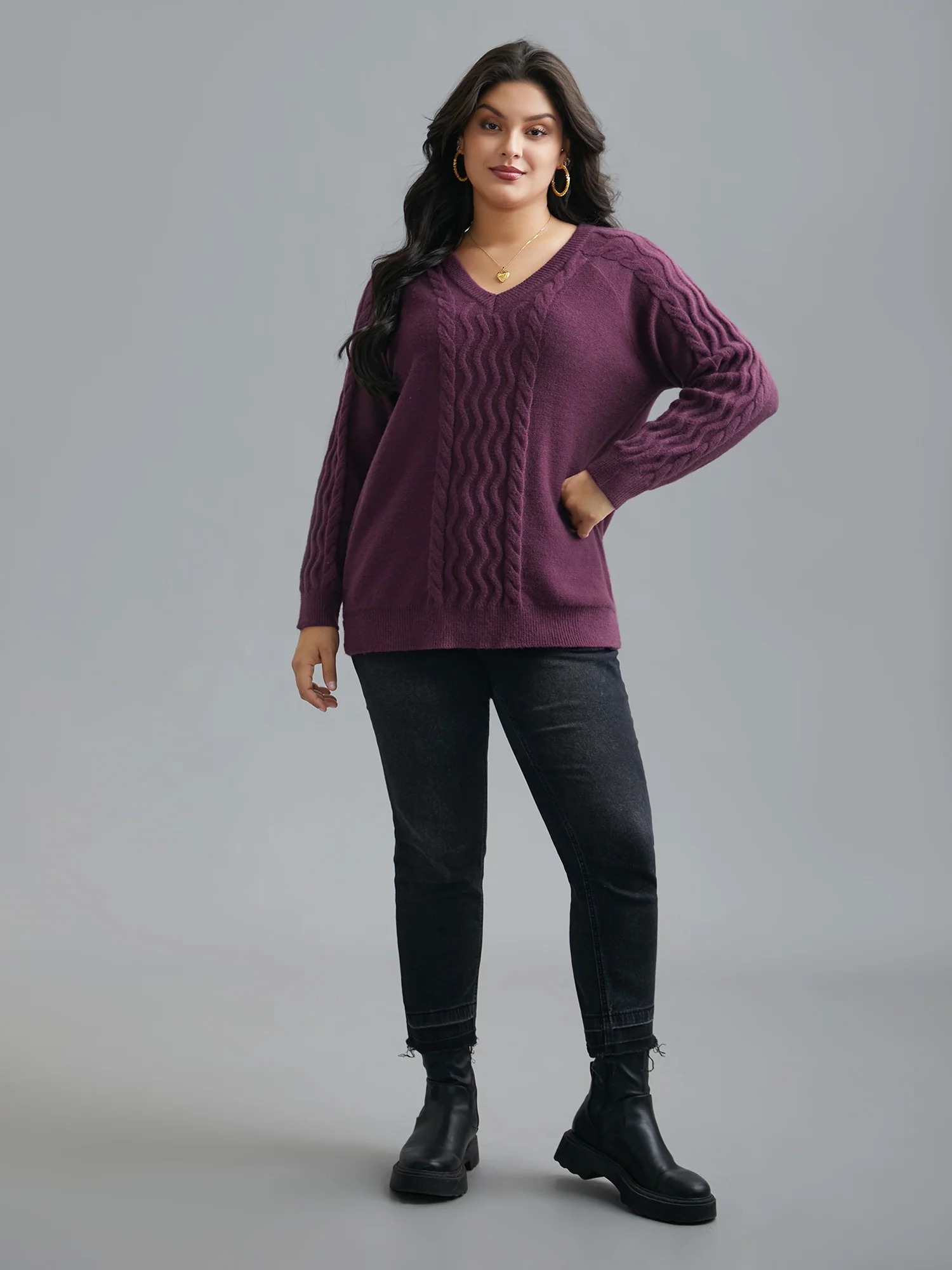 Plain V Neck Cable Knit Pullover - Image 3
