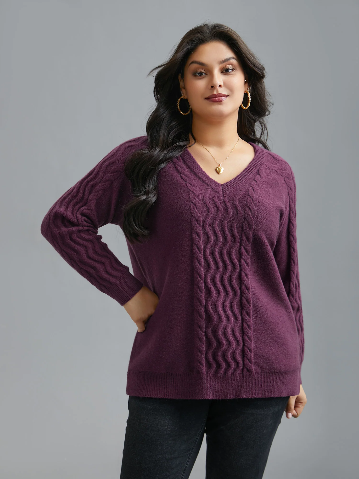 Plain V Neck Cable Knit Pullover - Image 4