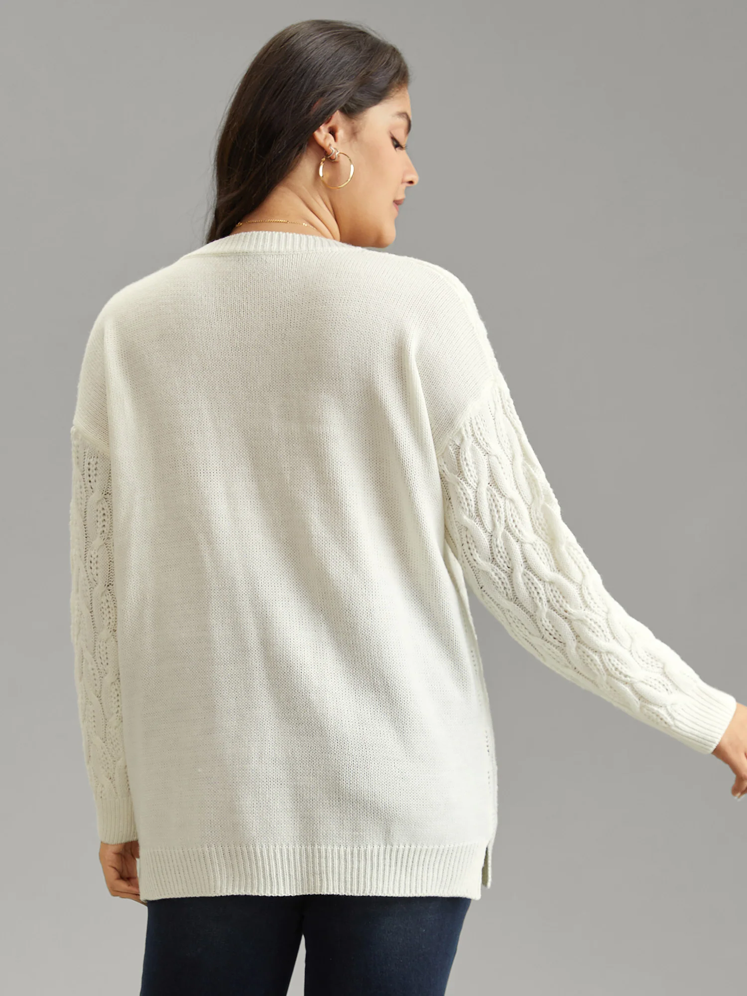 Plain V Neck Cable Knit Split Side Pullover - Image 2