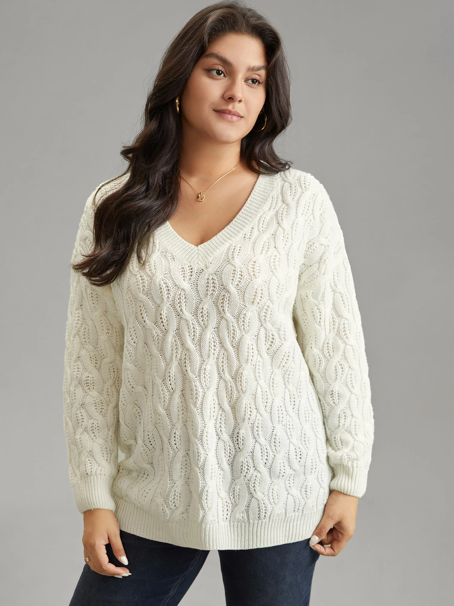 Plain V Neck Cable Knit Split Side Pullover - Image 3