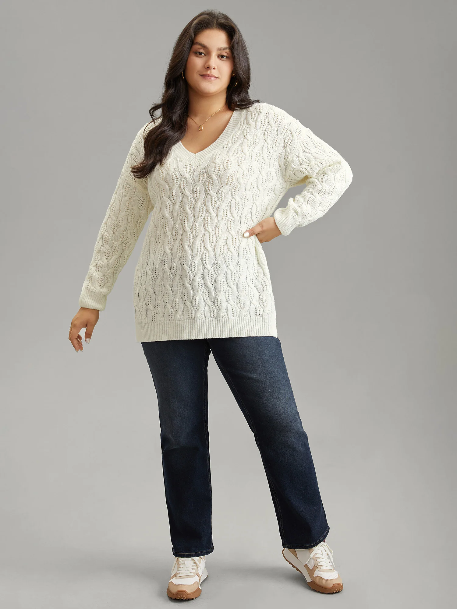 Plain V Neck Cable Knit Split Side Pullover - Image 4