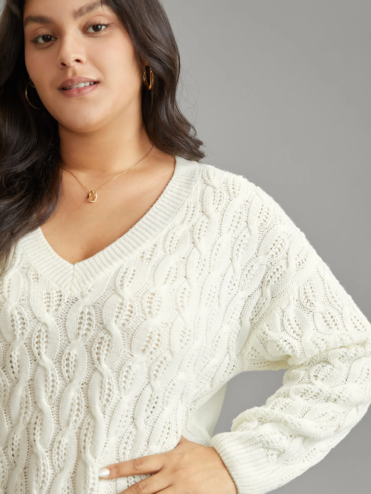 Plain V Neck Cable Knit Split Side Pullover - Image 5