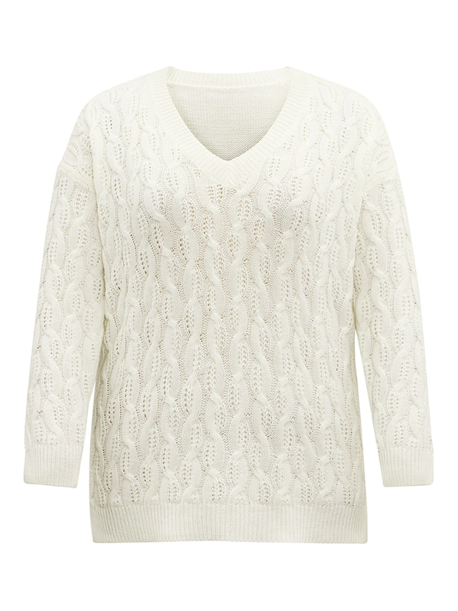 Plain V Neck Cable Knit Split Side Pullover - Image 6