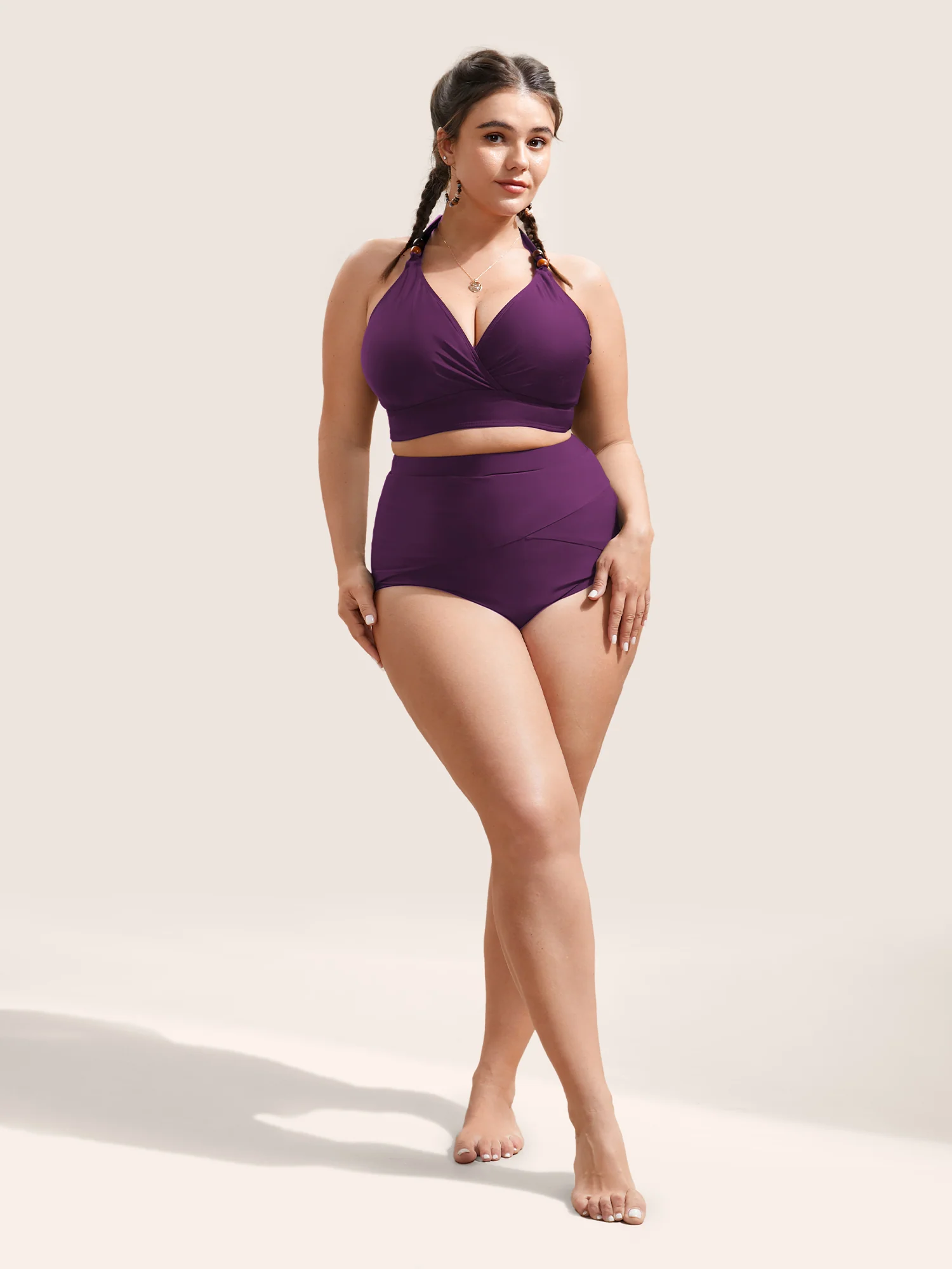 Plain V Neck High Stretch Tie Knot Swim Top - Image 3