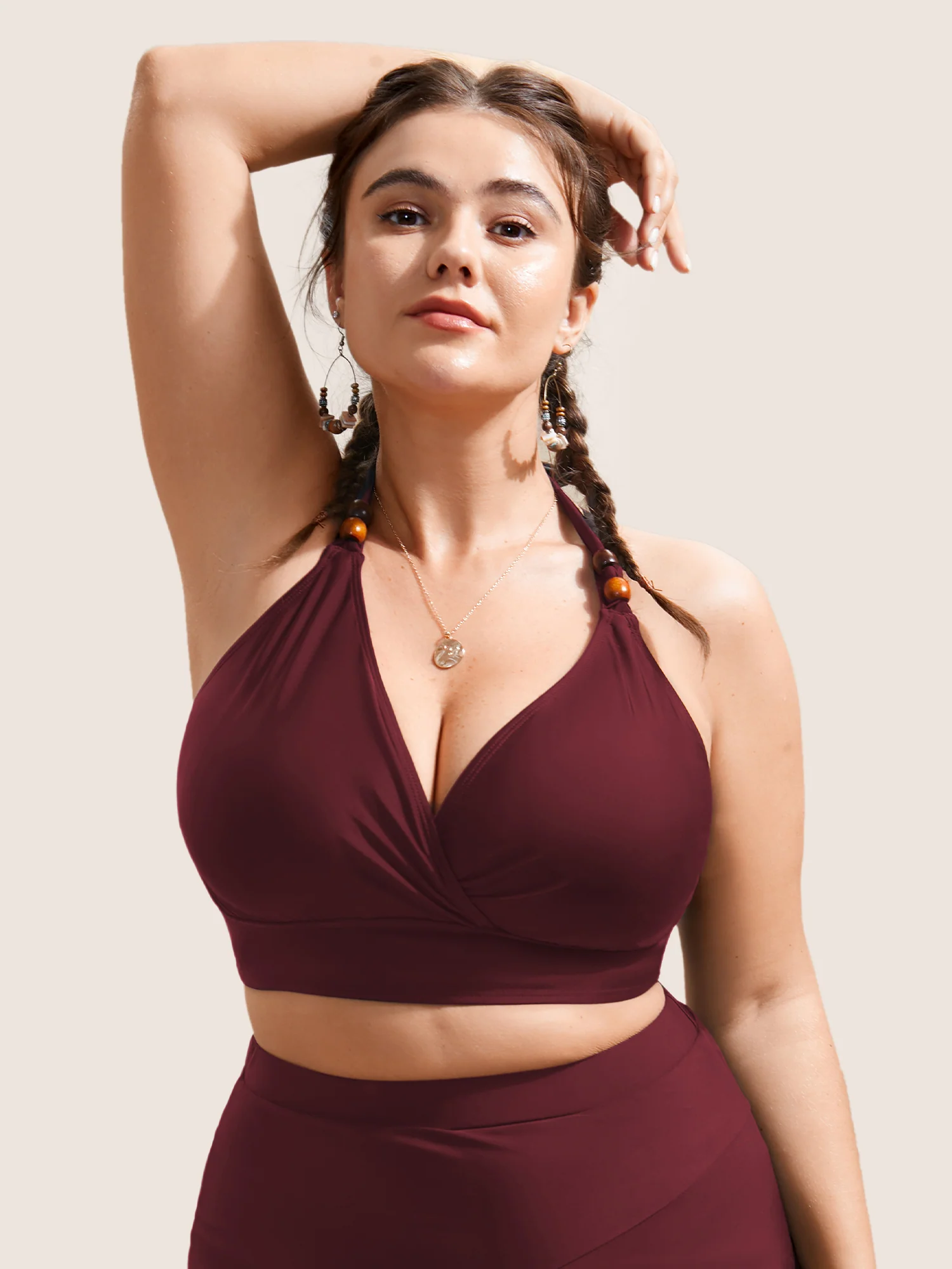 Plain V Neck High Stretch Tie Knot Swim Top - Image 5