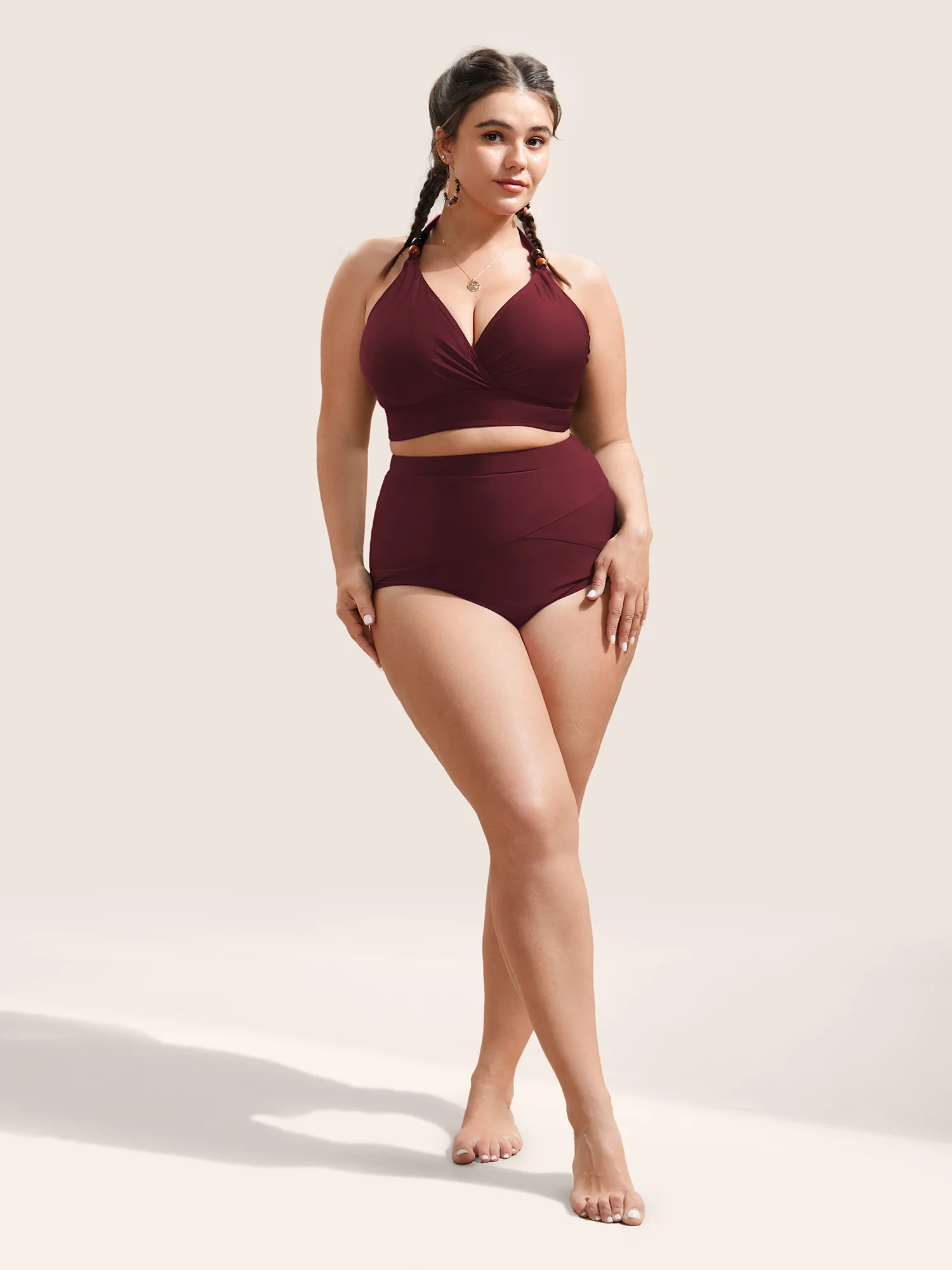 Plain V Neck High Stretch Tie Knot Swim Top - Image 7