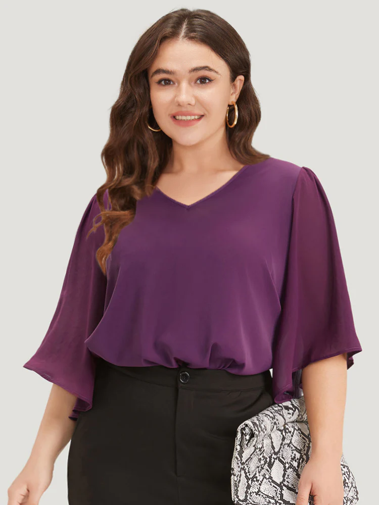 Anti-Wrinkle Plain V Neck Mesh Patchwork Flutter Sleeve Blouse - Image 2