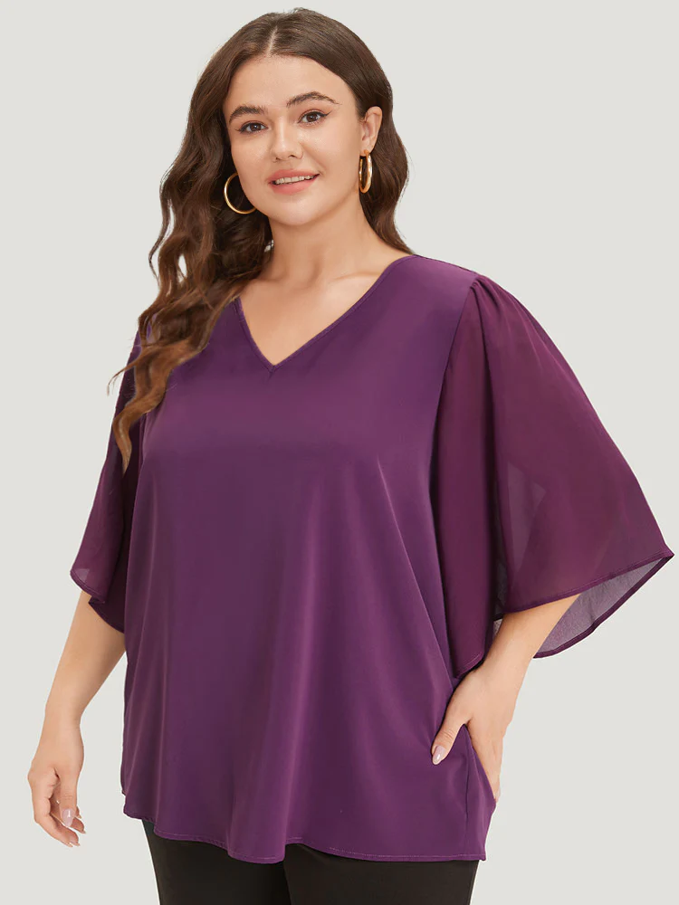 Anti-Wrinkle Plain V Neck Mesh Patchwork Flutter Sleeve Blouse - Image 3
