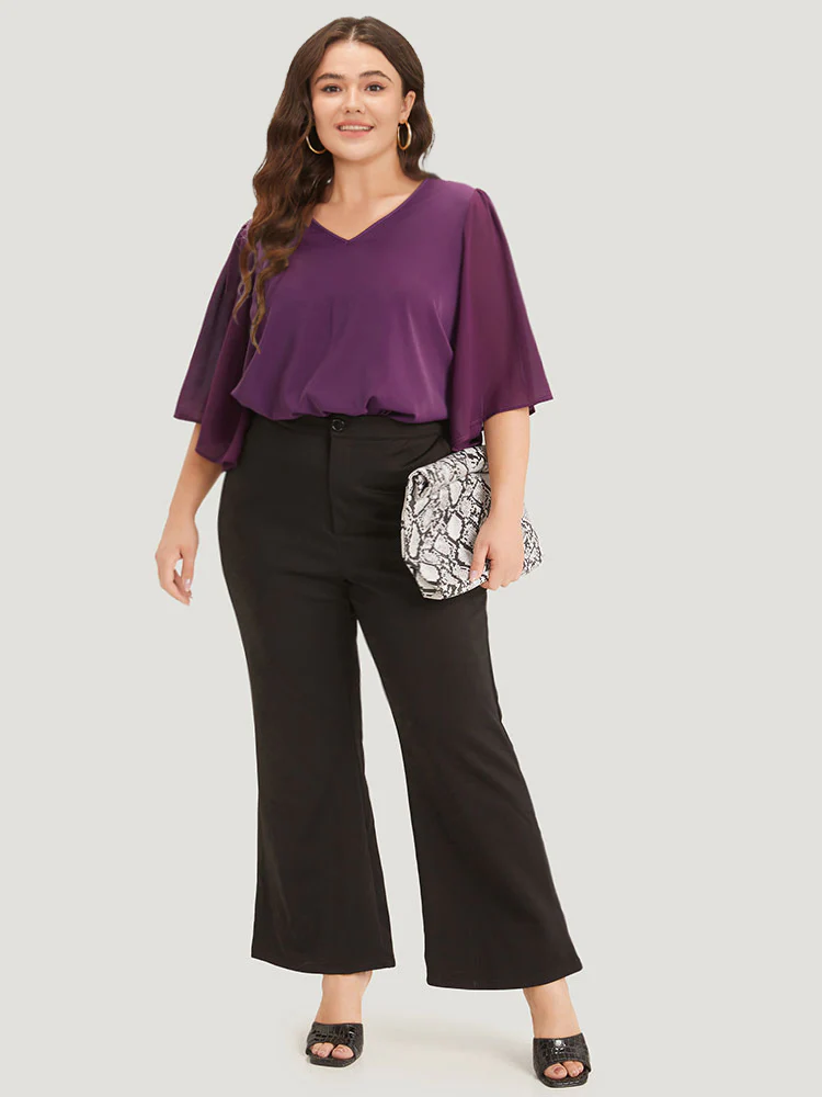 Anti-Wrinkle Plain V Neck Mesh Patchwork Flutter Sleeve Blouse - Image 4