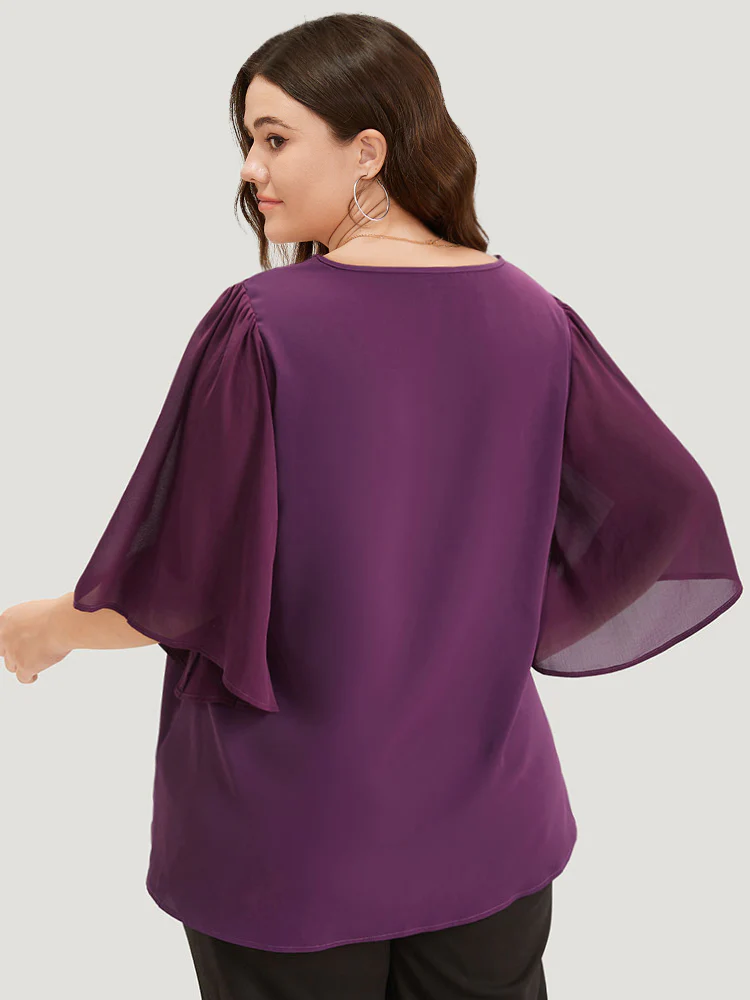Anti-Wrinkle Plain V Neck Mesh Patchwork Flutter Sleeve Blouse - Image 5