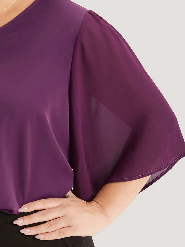 Anti-Wrinkle Plain V Neck Mesh Patchwork Flutter Sleeve Blouse - Image 6