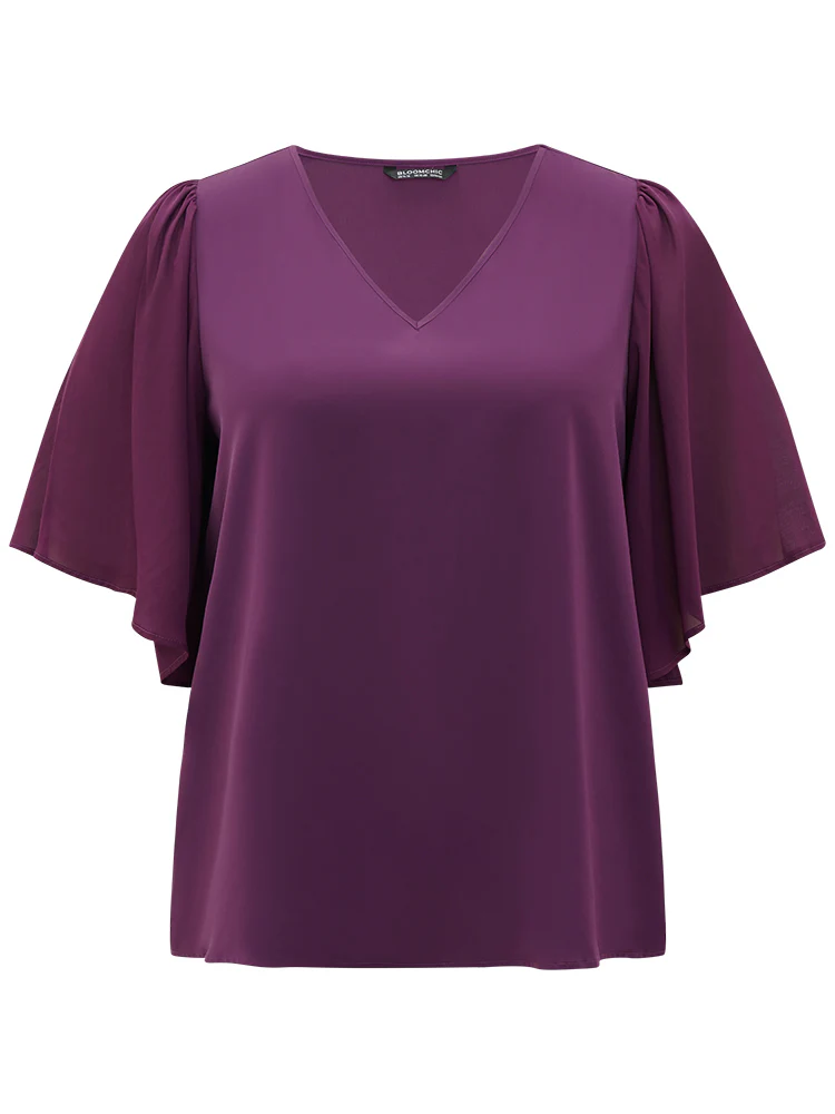 Anti-Wrinkle Plain V Neck Mesh Patchwork Flutter Sleeve Blouse - Image 8