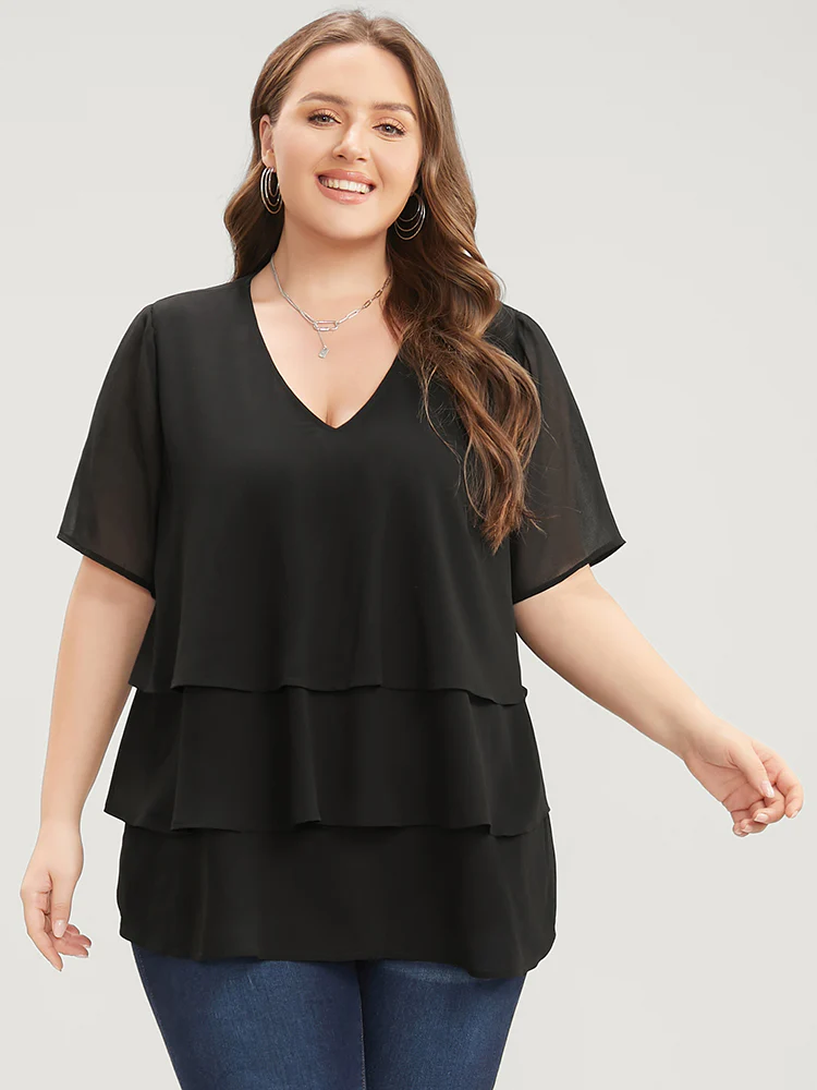 Plain V Neck Mesh Ruffle Tiered Blouse - Image 2