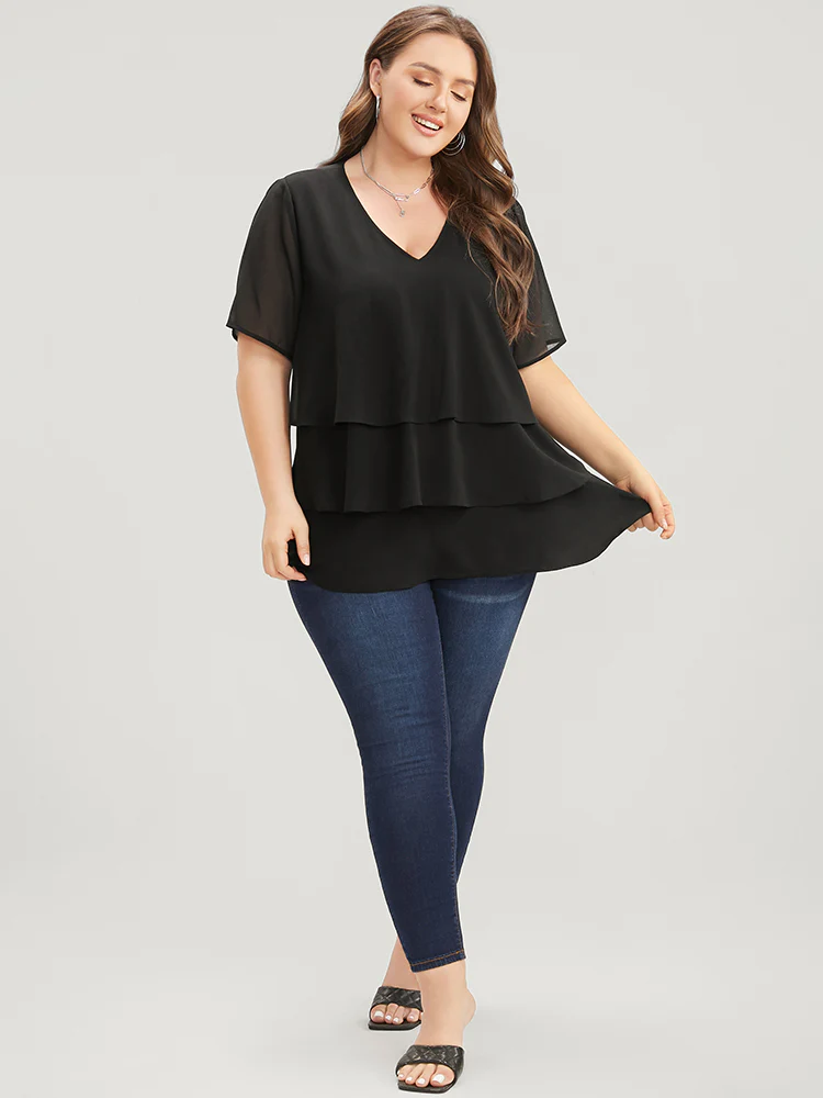 Plain V Neck Mesh Ruffle Tiered Blouse - Image 3