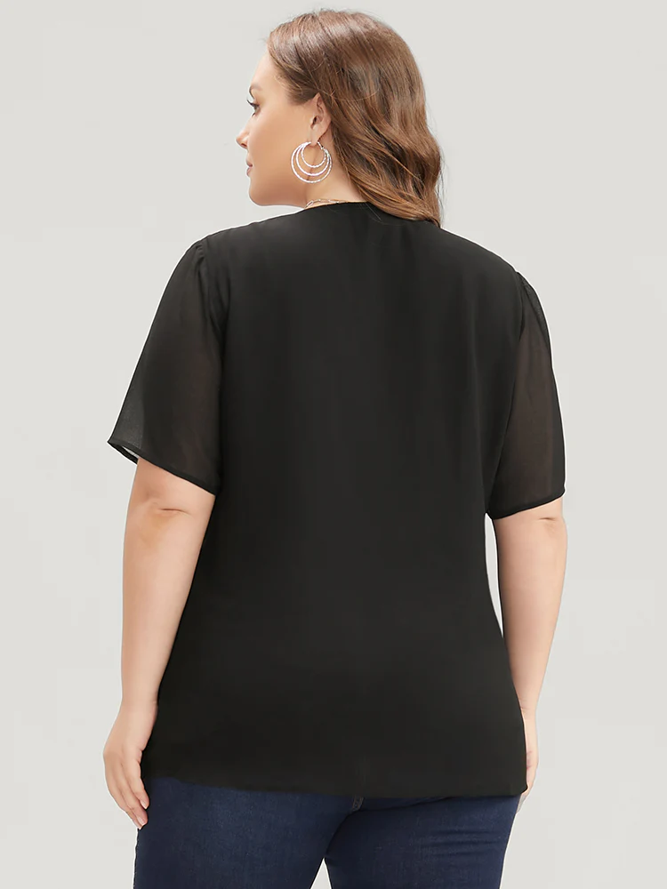 Plain V Neck Mesh Ruffle Tiered Blouse - Image 5