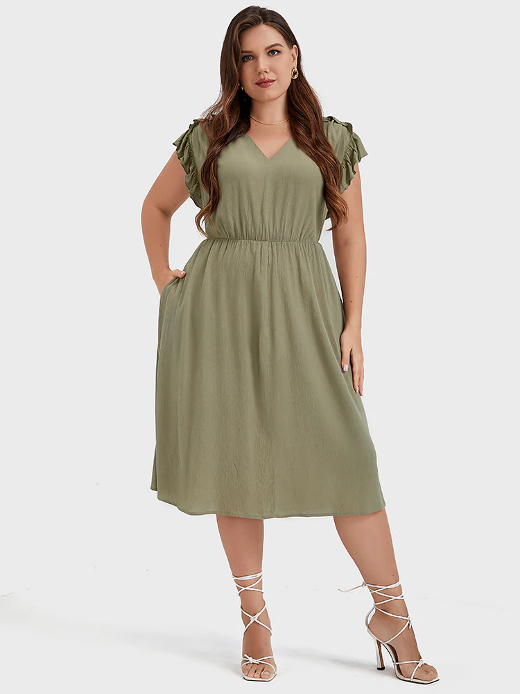 Plain V Neck Ruffles Trim Pocket  Knee Dress - Image 3
