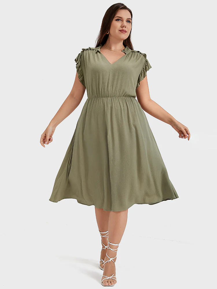 Plain V Neck Ruffles Trim Pocket  Knee Dress - Image 4