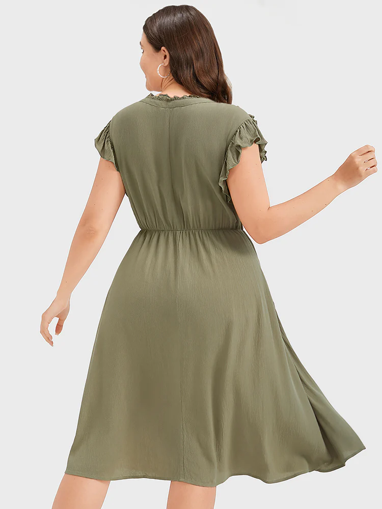 Plain V Neck Ruffles Trim Pocket  Knee Dress - Image 7