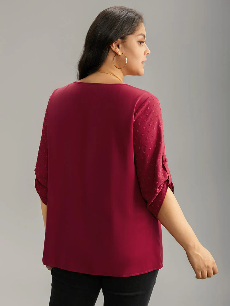 Plain V Neck Tab Sleeve Scalloped Trim Blouse - Image 2