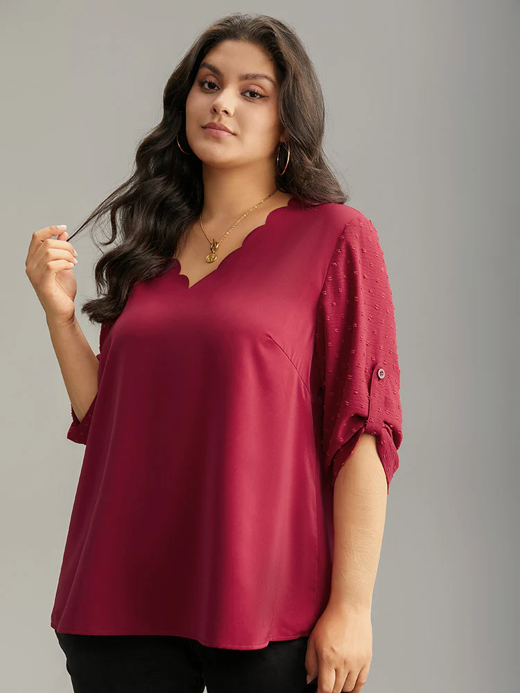 Plain V Neck Tab Sleeve Scalloped Trim Blouse - Image 3
