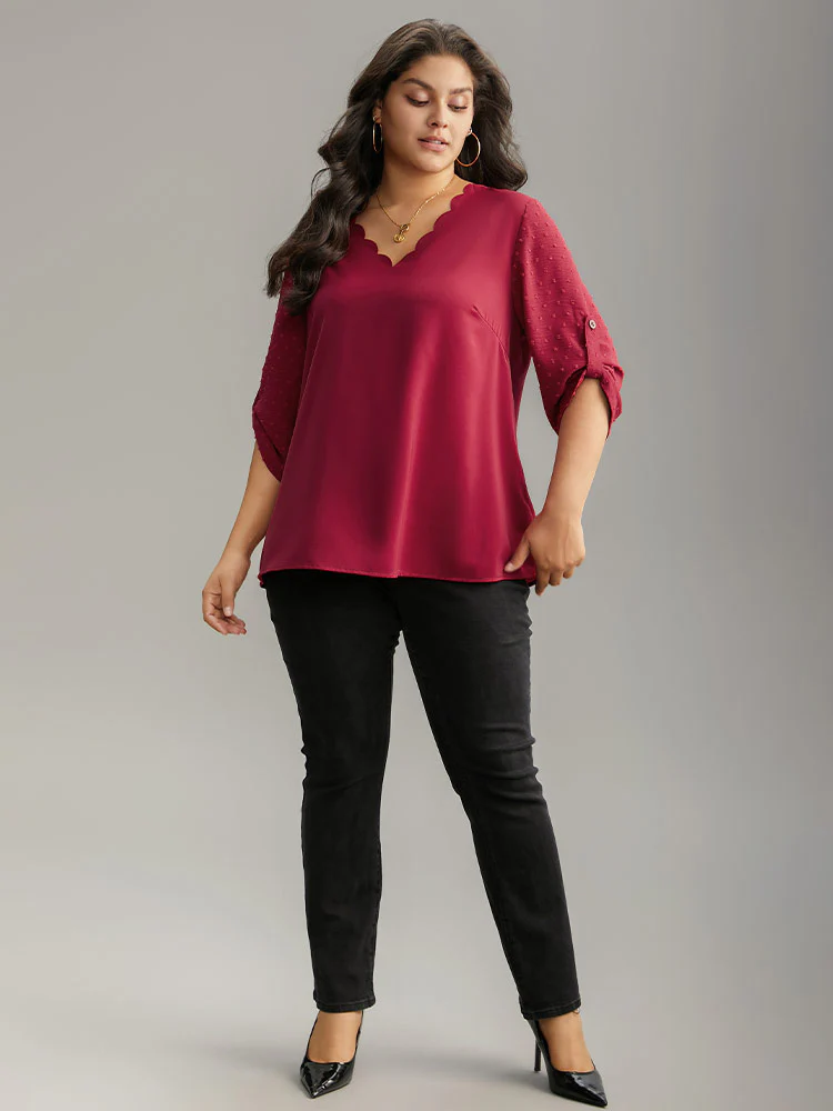 Plain V Neck Tab Sleeve Scalloped Trim Blouse - Image 4