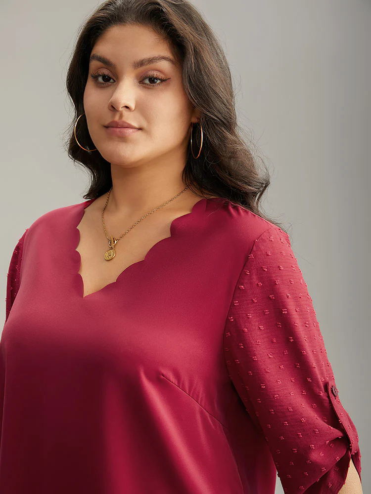 Plain V Neck Tab Sleeve Scalloped Trim Blouse - Image 5
