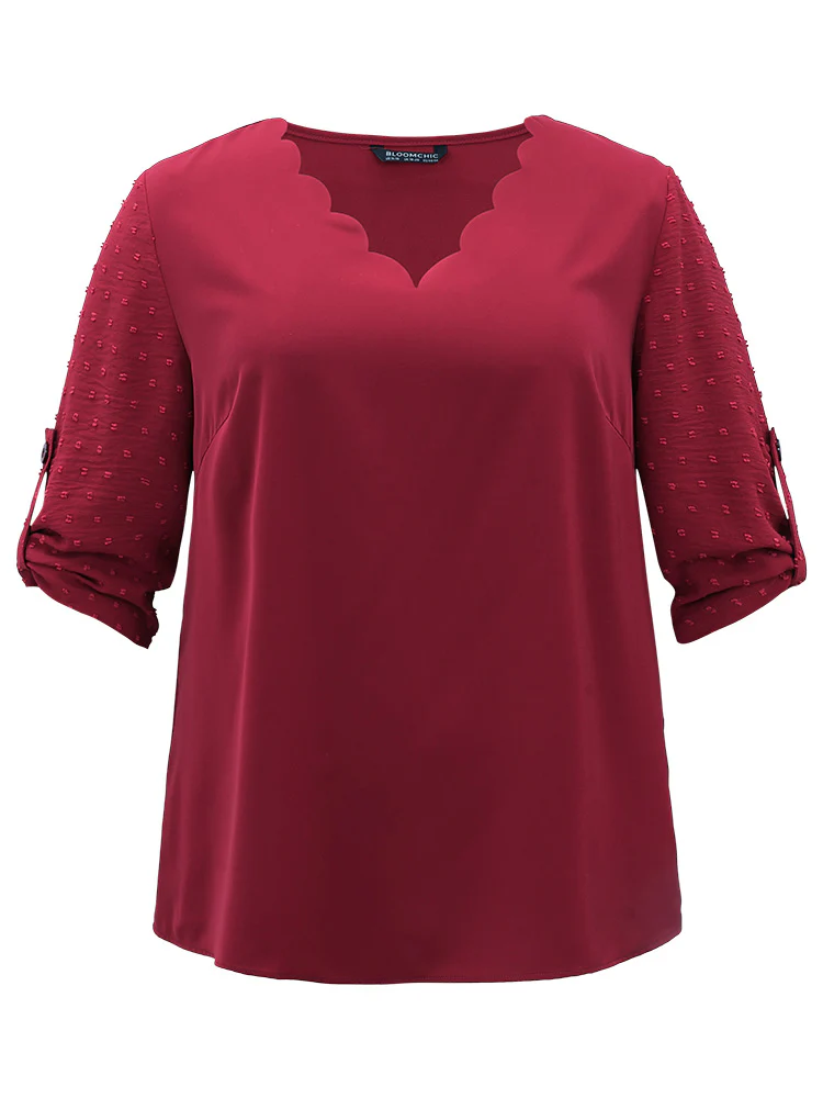 Plain V Neck Tab Sleeve Scalloped Trim Blouse - Image 7
