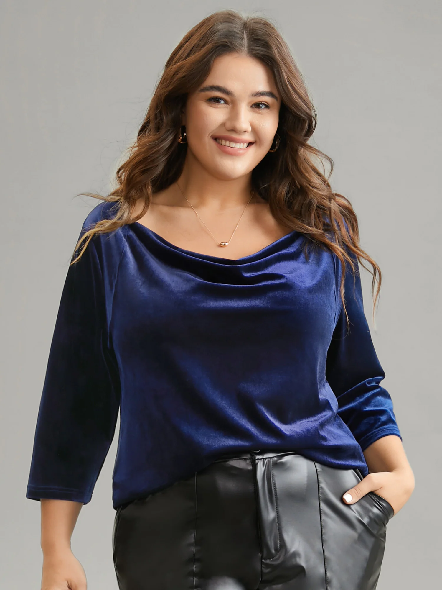 Plain Velvet Cowl Neck Blouse - Image 2