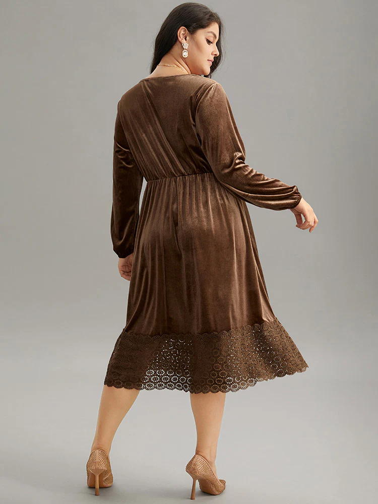 Plain Velvet Elastic Waist Patchwork Lace Dress - Image 3