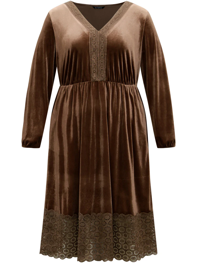 Plain Velvet Elastic Waist Patchwork Lace Dress - Image 6