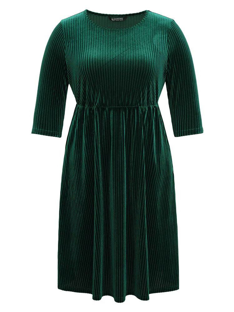 Plain Velvet Elastic Waist Pocket Crew Neck Dress - Image 5