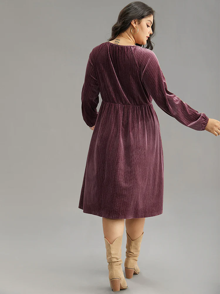Plain Velvet Gathered Elastic Waist Dress - Image 3