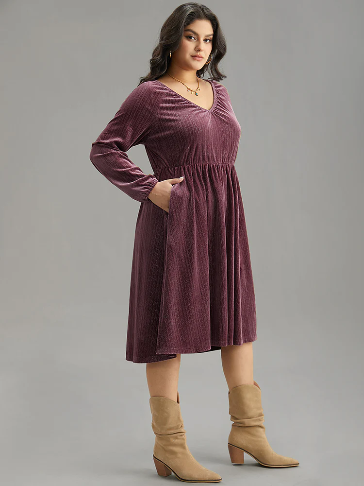 Plain Velvet Gathered Elastic Waist Dress - Image 4