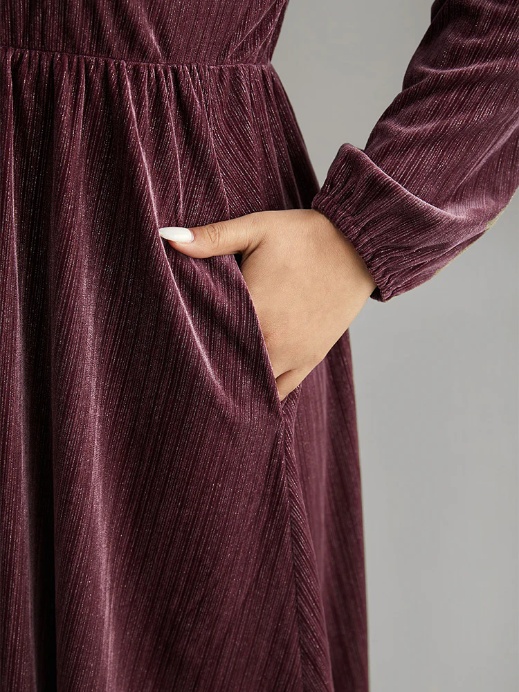 Plain Velvet Gathered Elastic Waist Dress - Image 8