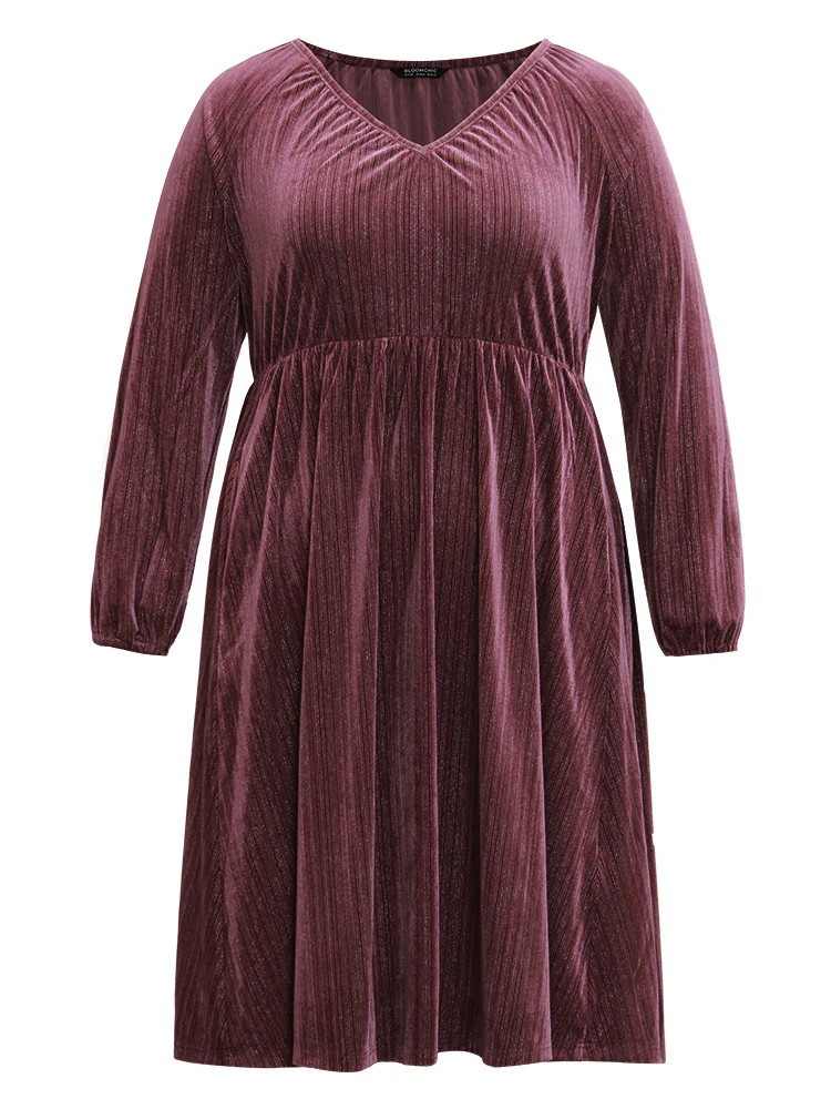 Plain Velvet Gathered Elastic Waist Dress - Image 9