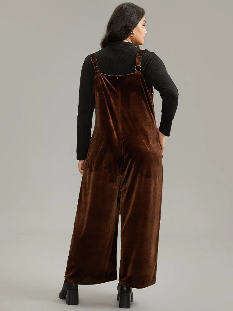 Plain Velvet Spaghetti Strap Pocket Jumpsuit - Image 2