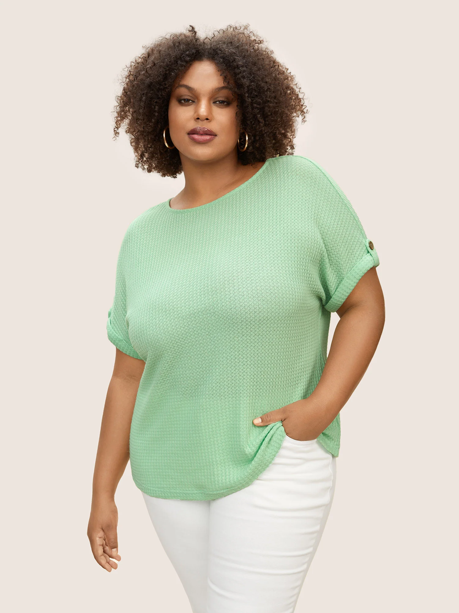 Plain Waffle Knit Button Cuff Sleeve T-shirt