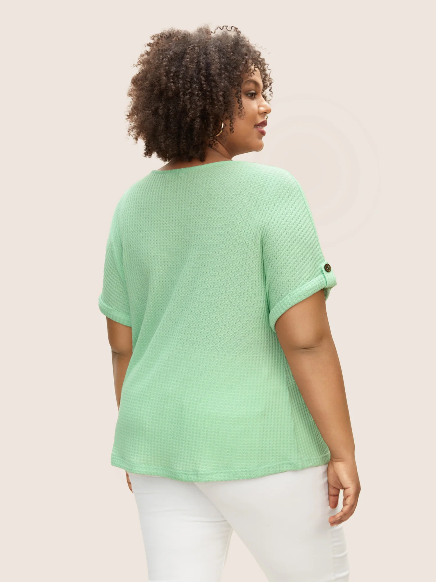 Plain Waffle Knit Button Cuff Sleeve T-shirt - Image 2