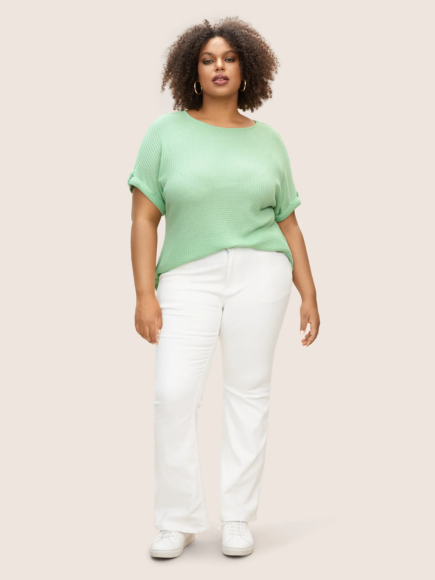 Plain Waffle Knit Button Cuff Sleeve T-shirt - Image 3