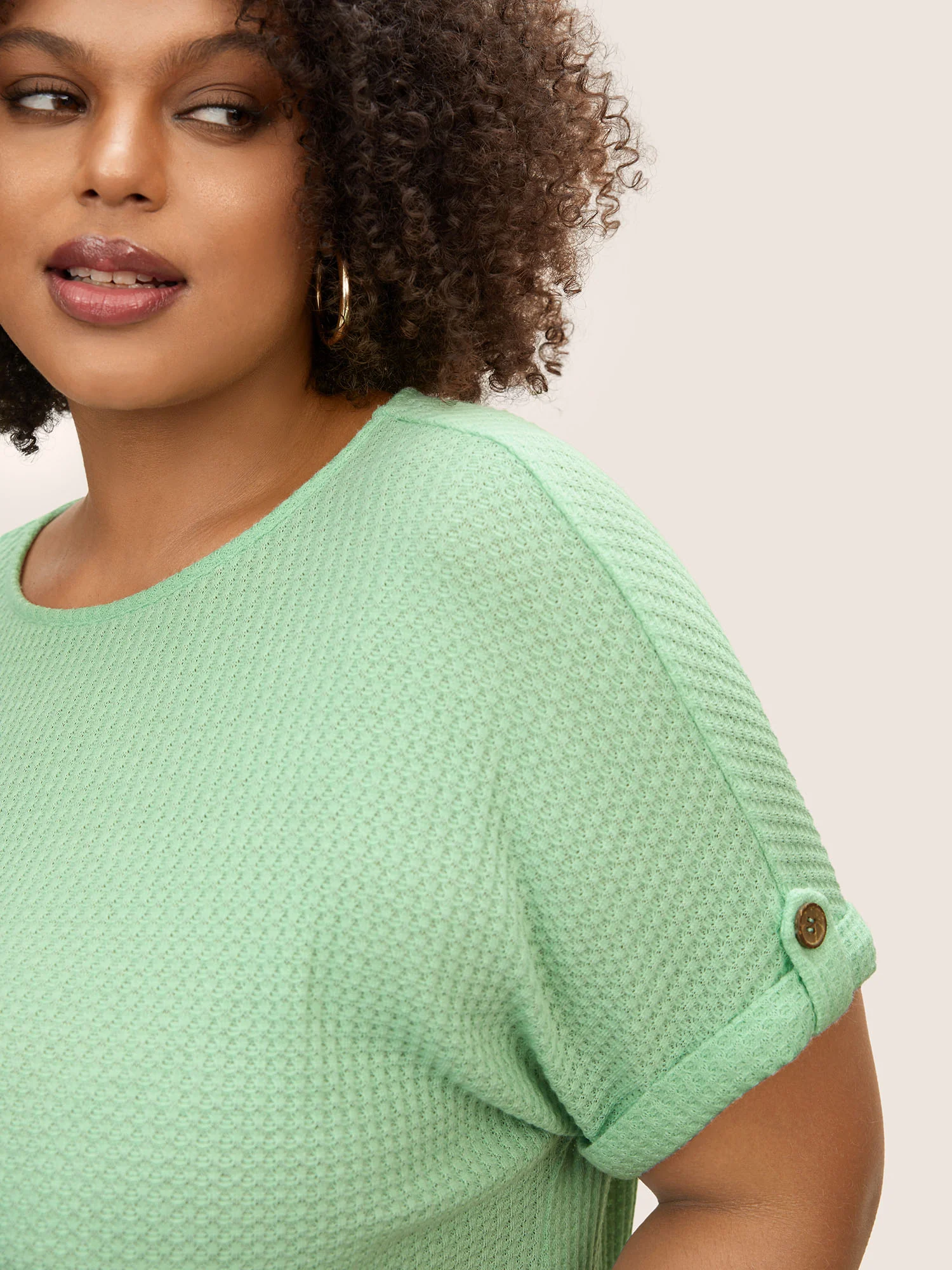 Plain Waffle Knit Button Cuff Sleeve T-shirt - Image 4