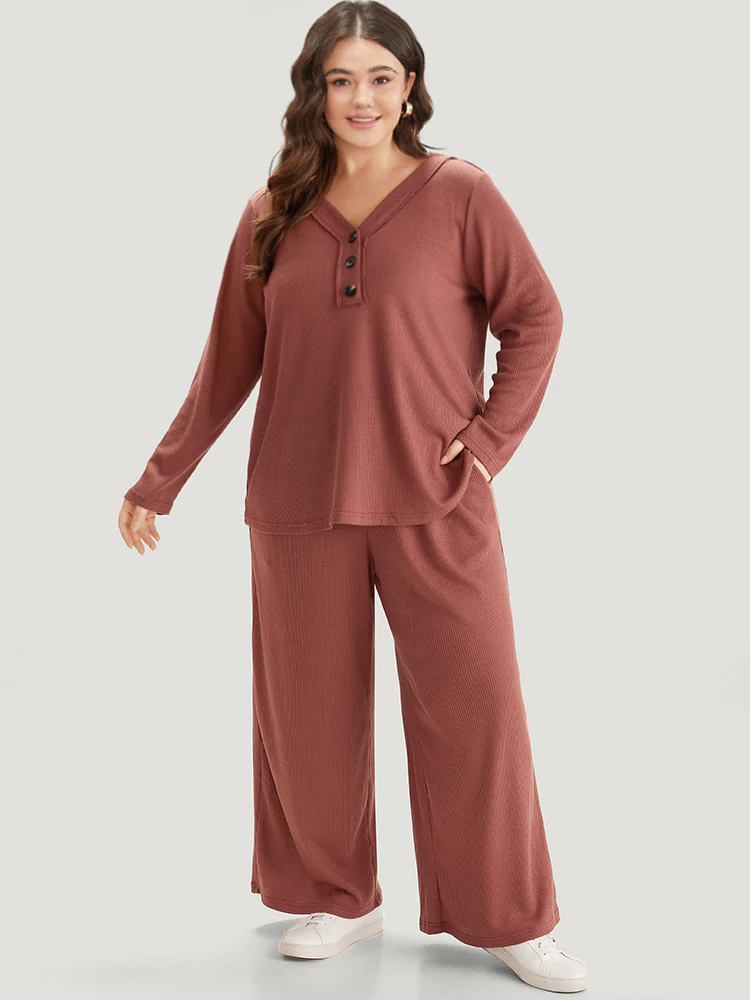 Plain Waffle Knit Drawstring Elastic Waist Woven Pants - Image 2