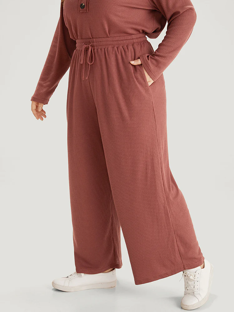 Plain Waffle Knit Drawstring Elastic Waist Woven Pants - Image 3
