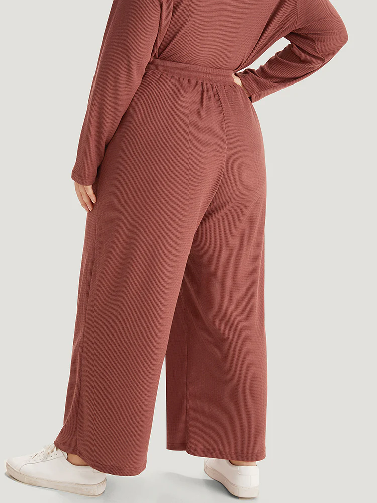 Plain Waffle Knit Drawstring Elastic Waist Woven Pants - Image 4
