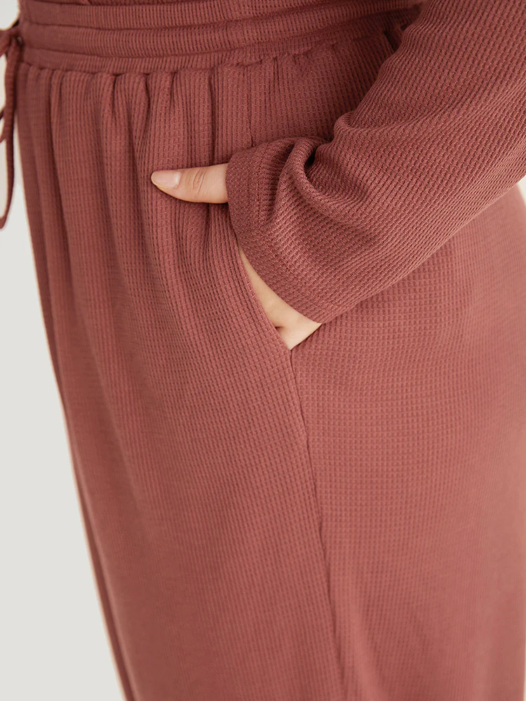 Plain Waffle Knit Drawstring Elastic Waist Woven Pants - Image 6