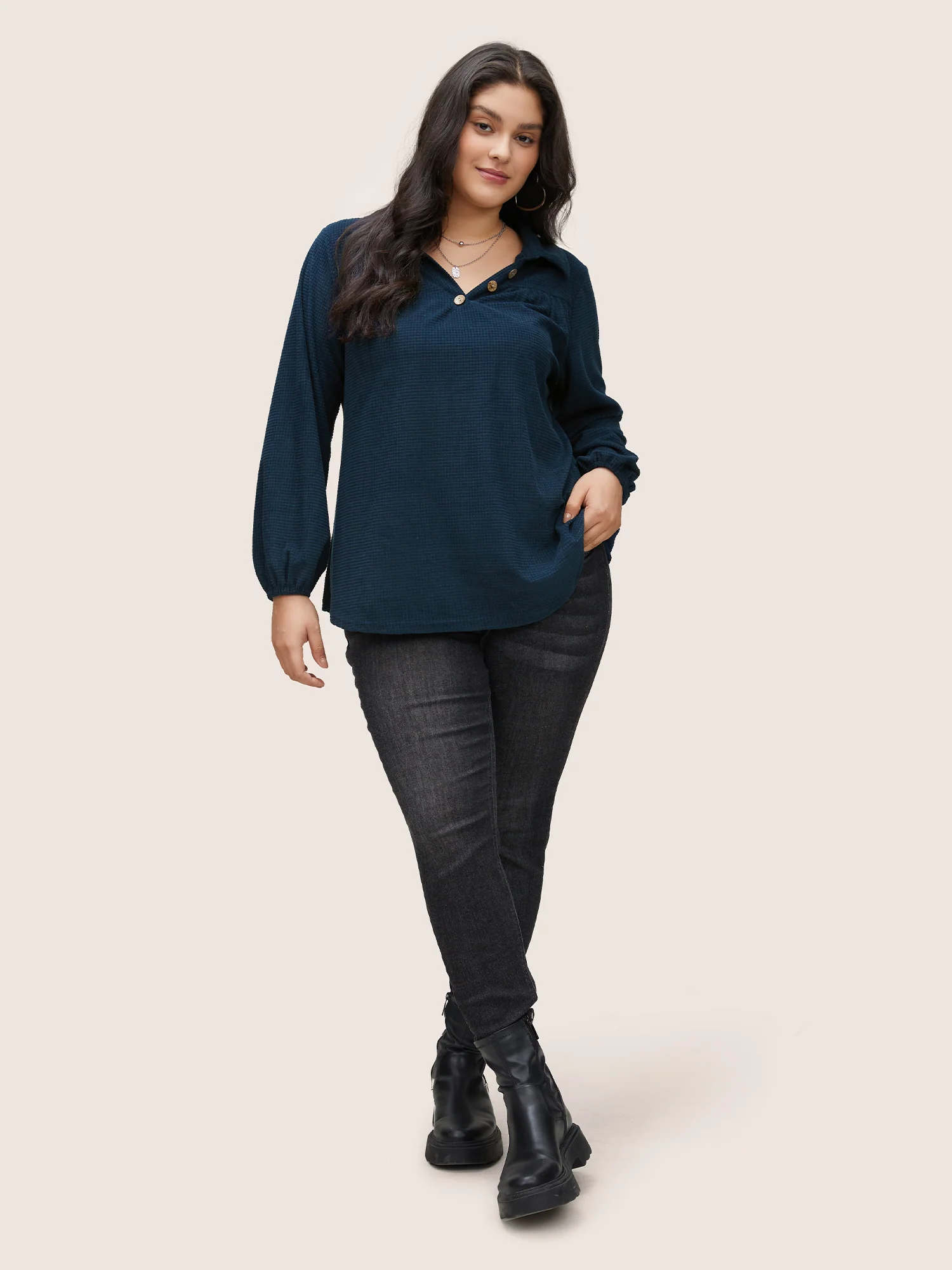 Plain Waffle Knit Gathered Button Detail T-shirt - Image 3