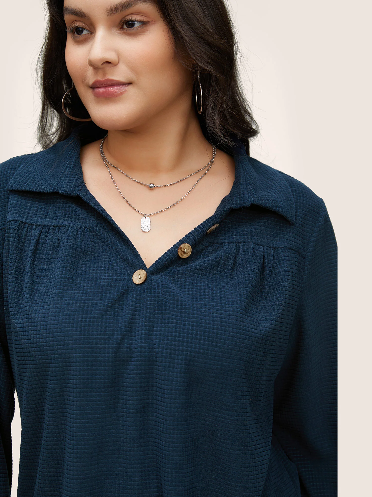 Plain Waffle Knit Gathered Button Detail T-shirt - Image 4